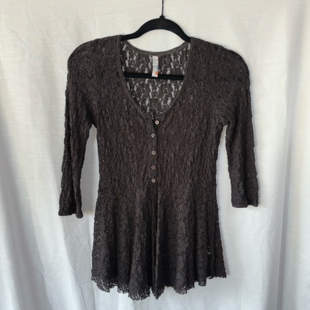 Free People y2k babydoll Lace blouse Black size small sheer  EUC
